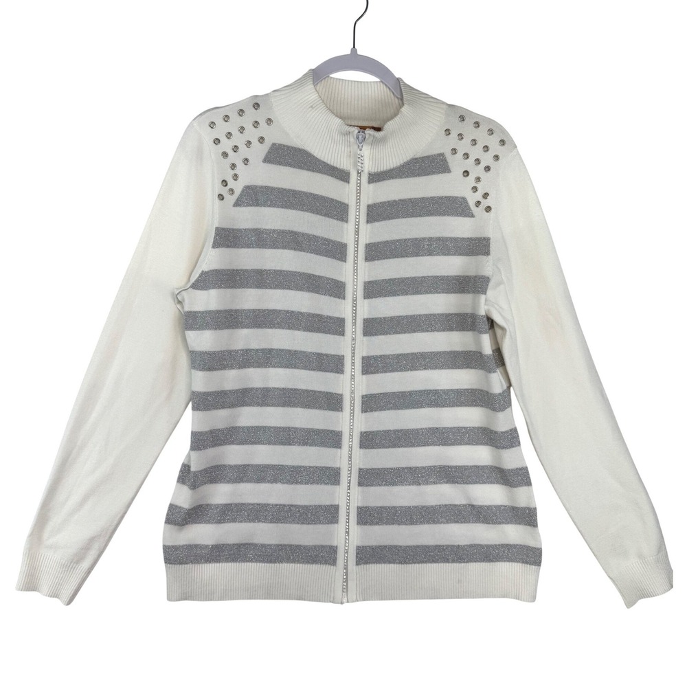 Belldini Womens Large White Silver Metallic Striped Rhinestone Zip‎ Cardigan L